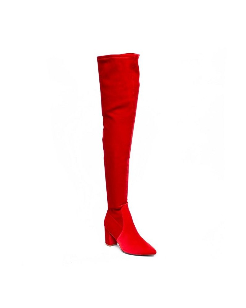 Women's Malia Extra Wide Calf Block Heels Thigh High Boots - Extended sizes 10-14 Red $21.48 Shoes