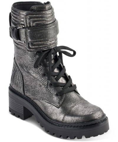 Women's Basia Buckled Quilted Block-Heel Combat Boots Gray $43.67 Shoes