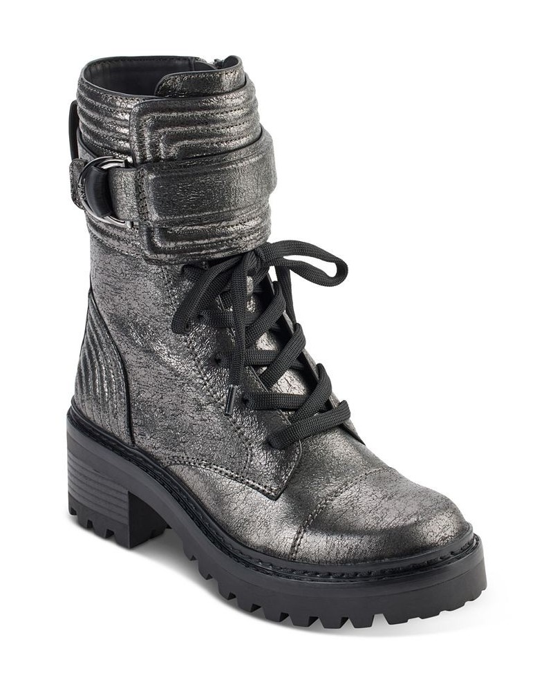 Women's Basia Buckled Quilted Block-Heel Combat Boots Gray $43.67 Shoes