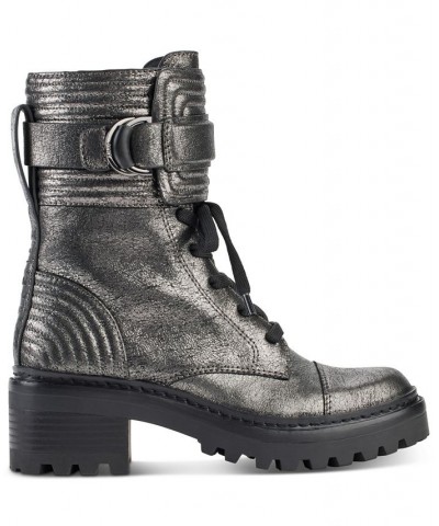 Women's Basia Buckled Quilted Block-Heel Combat Boots Gray $43.67 Shoes