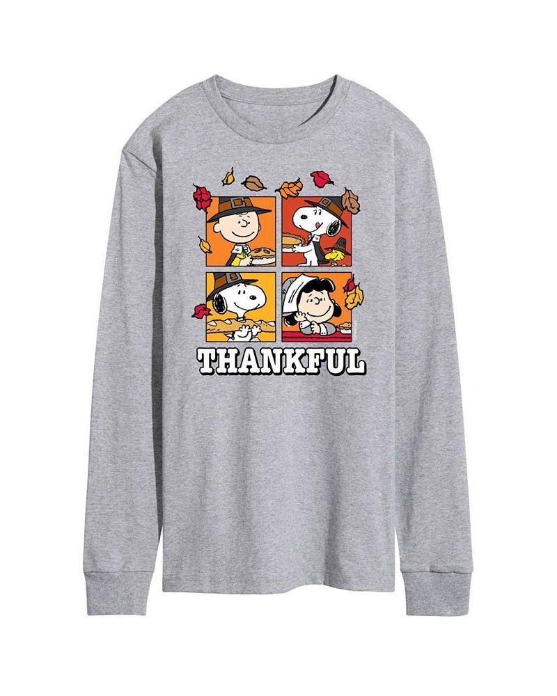 Men's Peanuts Thankful Long Sleeve T-shirt Gray $23.21 T-Shirts