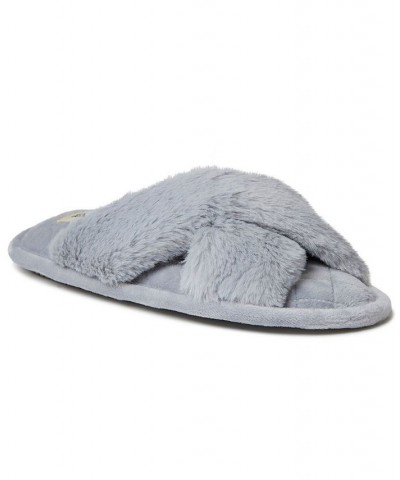 Women's Jessica Furry Cross Band Slide Slippers Gray $18.24 Shoes