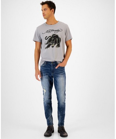 Men's Distressed Embroidered Tiger Head Skinny Jeans Blue $43.18 Jeans