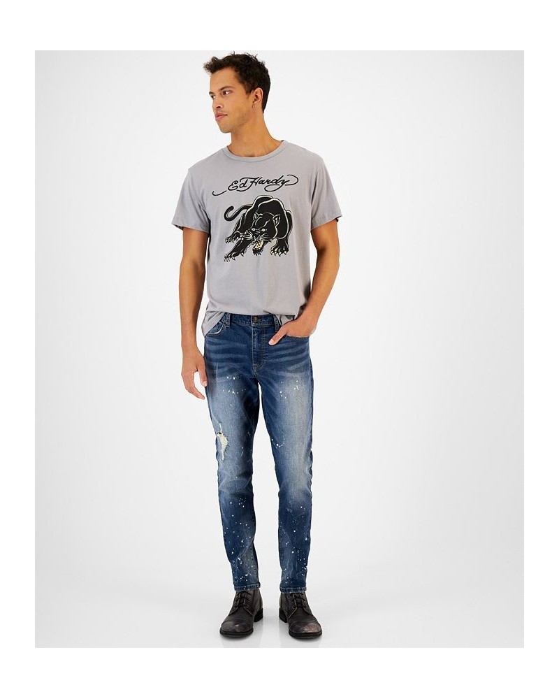 Men's Distressed Embroidered Tiger Head Skinny Jeans Blue $43.18 Jeans