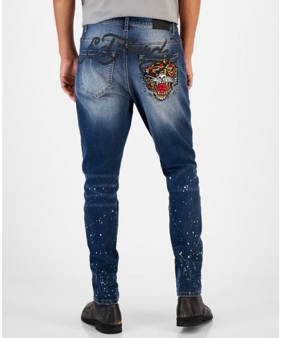 Men's Distressed Embroidered Tiger Head Skinny Jeans Blue $43.18 Jeans