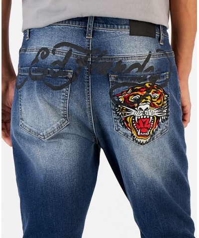 Men's Distressed Embroidered Tiger Head Skinny Jeans Blue $43.18 Jeans