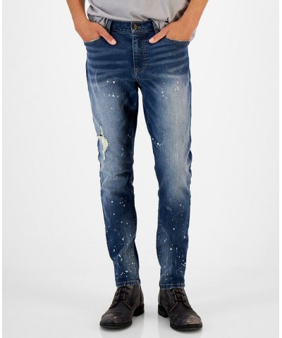 Men's Distressed Embroidered Tiger Head Skinny Jeans Blue $43.18 Jeans