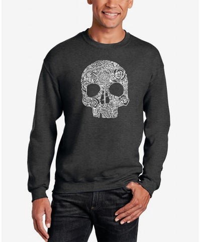 Men's Word Art Crewneck Flower Skull Sweatshirt Gray $21.00 Sweatshirt