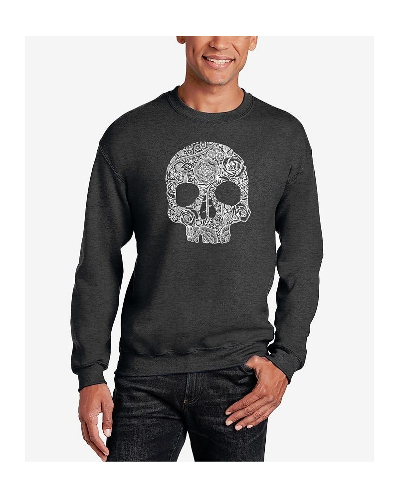 Men's Word Art Crewneck Flower Skull Sweatshirt Gray $21.00 Sweatshirt