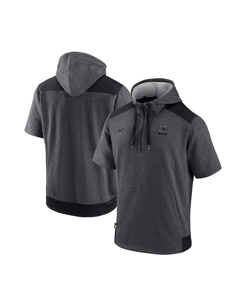 Men's Heathered Charcoal, Black Cincinnati Reds Authentic Collection Dry Flux Performance Quarter-Zip Short Sleeve Hoodie $36...