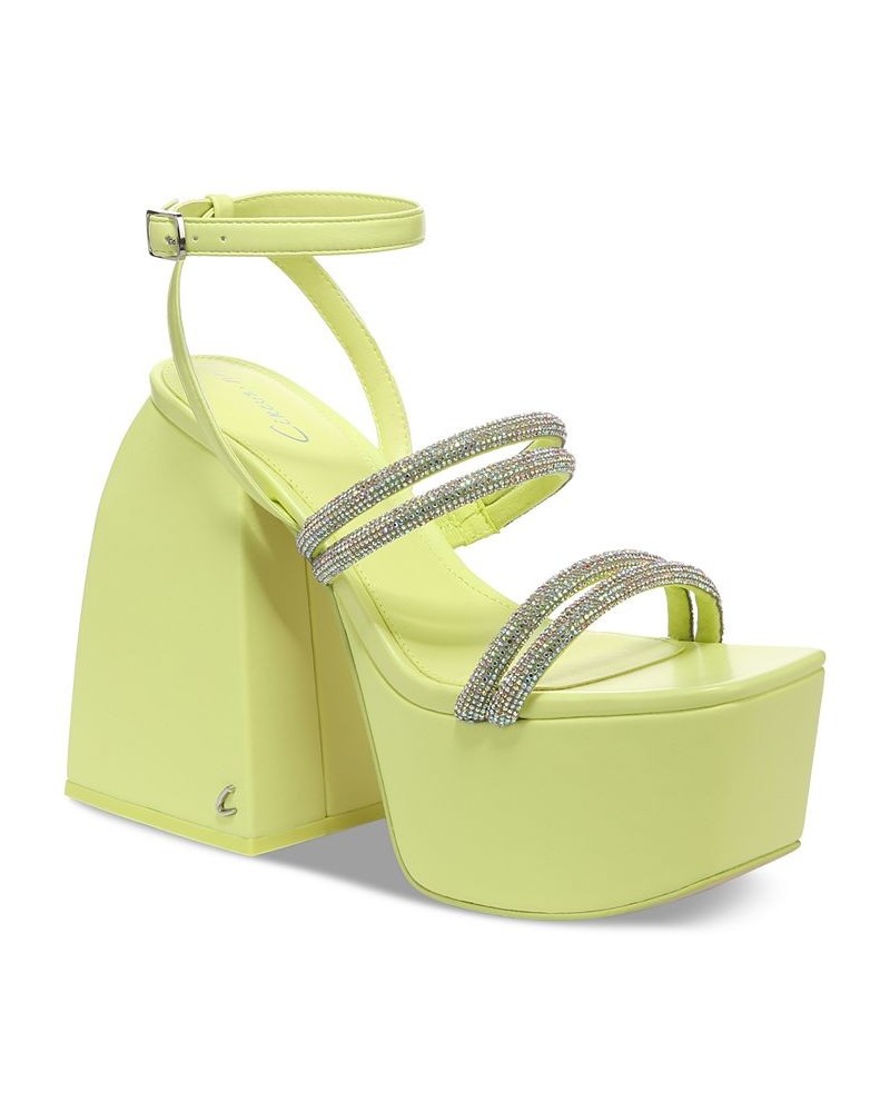 Mila Jewel Strappy Rhinestone Platform Sandals Green $39.99 Shoes