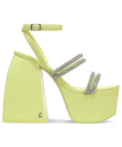 Mila Jewel Strappy Rhinestone Platform Sandals Green $39.99 Shoes