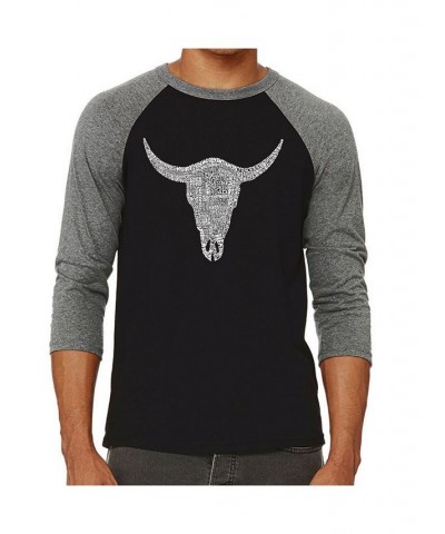 Country Music Cow Skull Men's Raglan Word Art T-shirt Gray $25.64 T-Shirts