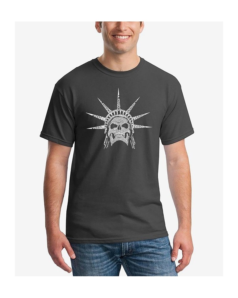 Men's Word Art Freedom Skull Short Sleeve T-shirt Gray $14.35 T-Shirts