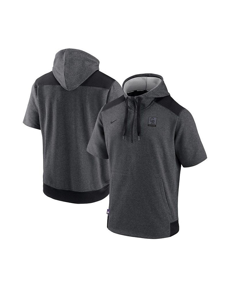 Men's Heathered Charcoal, Black Colorado Rockies Authentic Collection Dry Flux Performance Quarter-Zip Short Sleeve Hoodie $4...