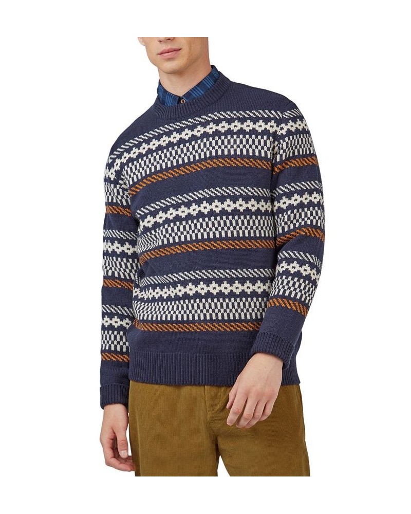 Men's Chunky Knitted Fair Isle Long-Sleeve Crewneck Sweater Blue $53.64 Sweaters